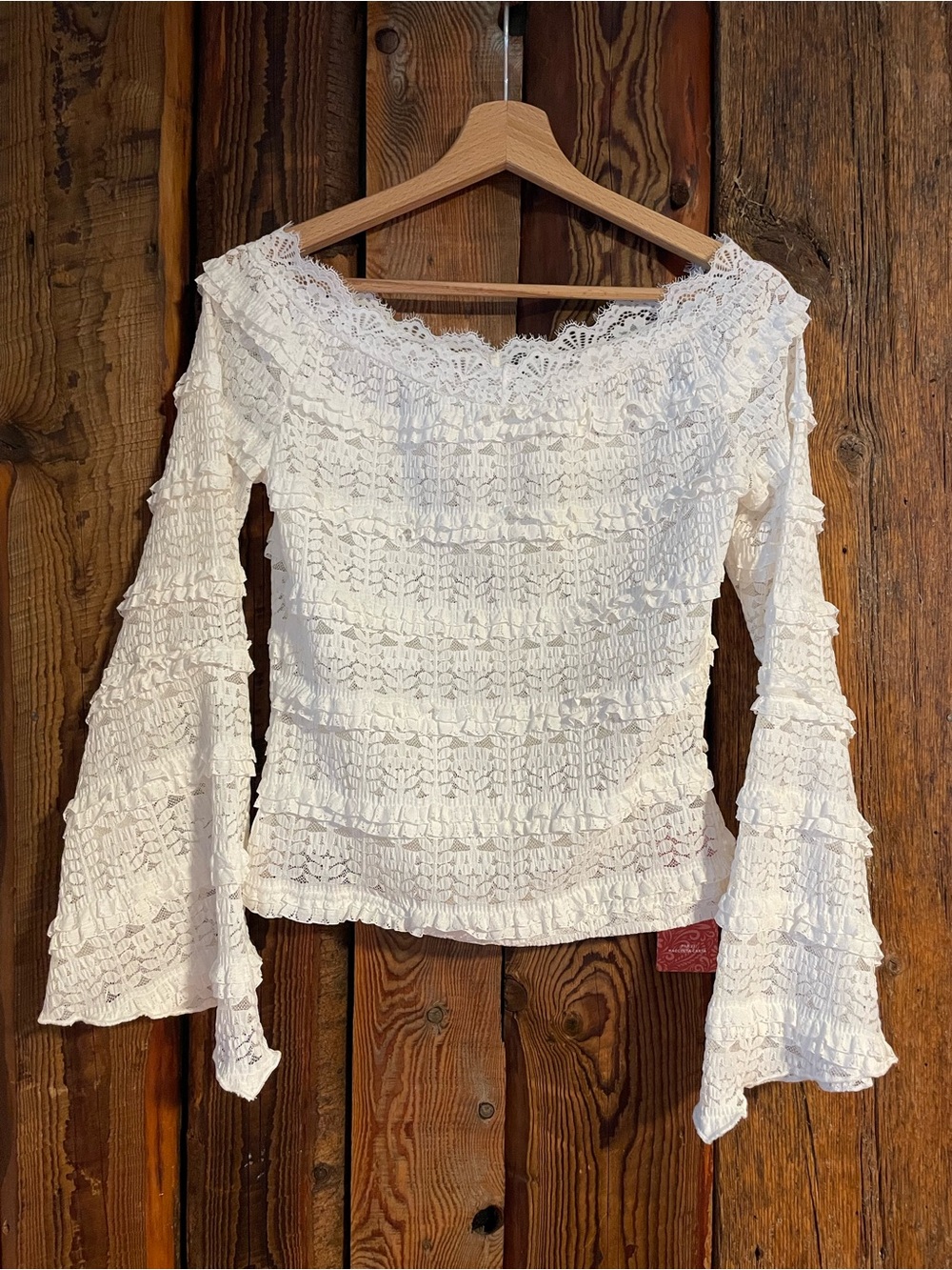 SHEIN White Lace Off-Shoulder Ruffled Bell Sleeve Top
